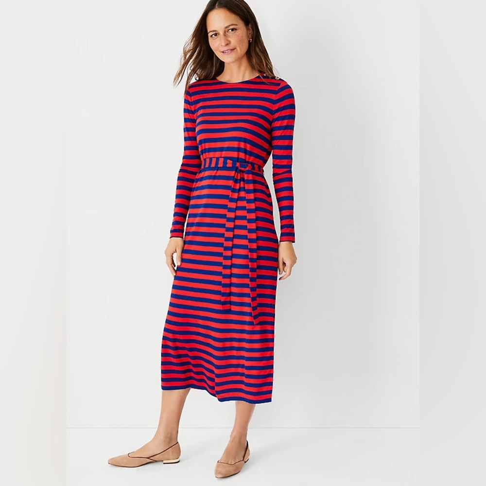 Ann Taylor Striped Tie Waist Midi Dress